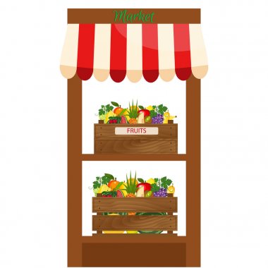 Yerel meyve durak. Taze organik gıda ürünleri raflarda Dükkanı. . Tarım sergisi afişi.