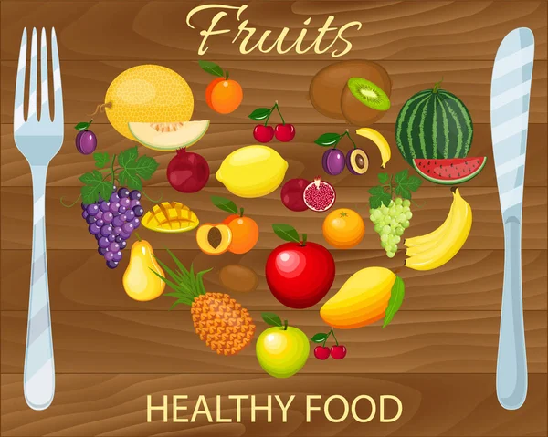 Coeur de fruits. Menu éco-alimentaire fond. Aliments biologiques frais, saine alimentation — Image vectorielle