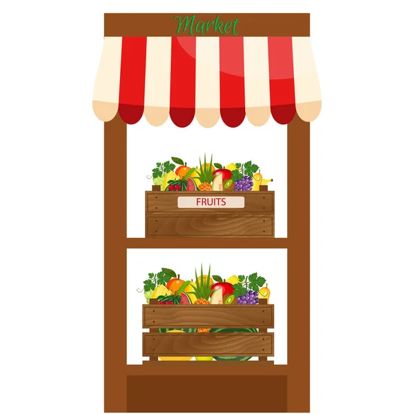 当地的水果摊。新鲜的有机食品产品商店货架上。.农业展览海报. — 图库矢量图片