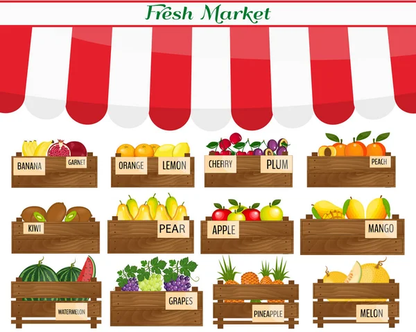 Local vegetable stall. Fresh organic food products shop on shelves. . Agriculture exhibition poster. — Stock Vector