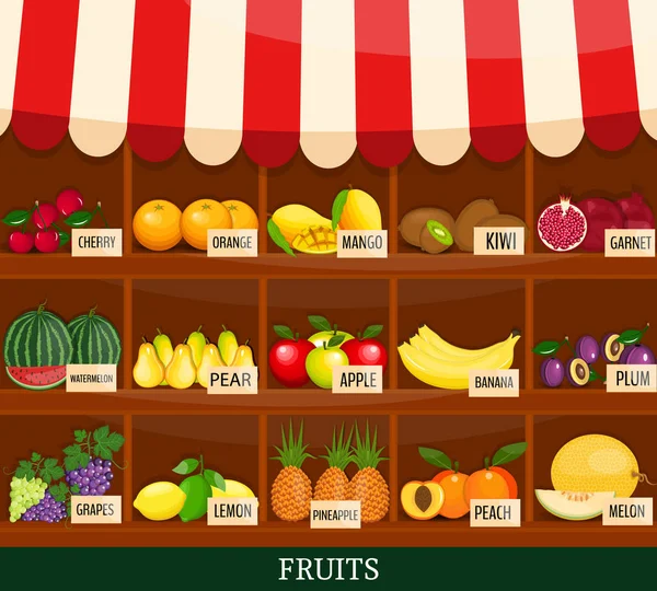 Banco di frutta locale. Negozio di prodotti alimentari biologici freschi in una cassa di legno. Negozio di alimentari. vettore in stile piatto — Vettoriale Stock
