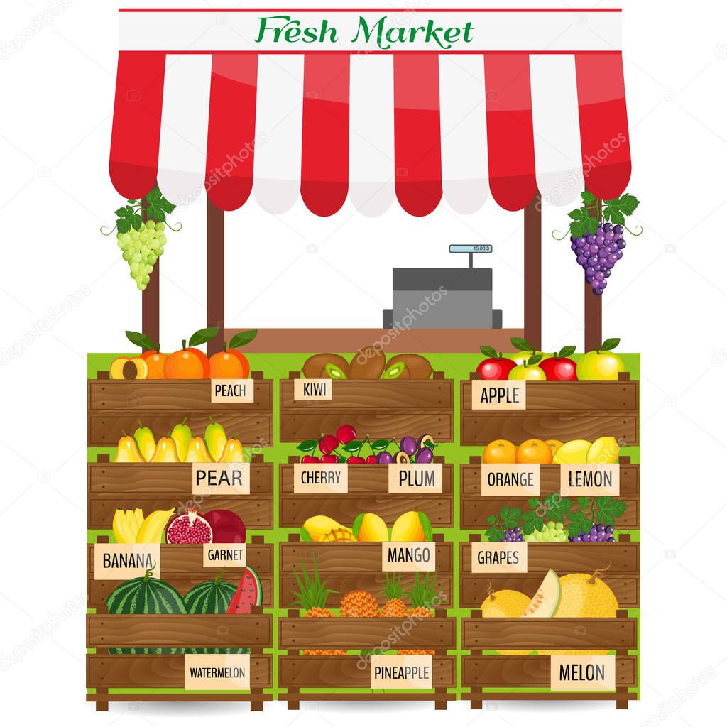 Local fruits stall. Fresh organic food products shop. Agriculture exhibition poster.