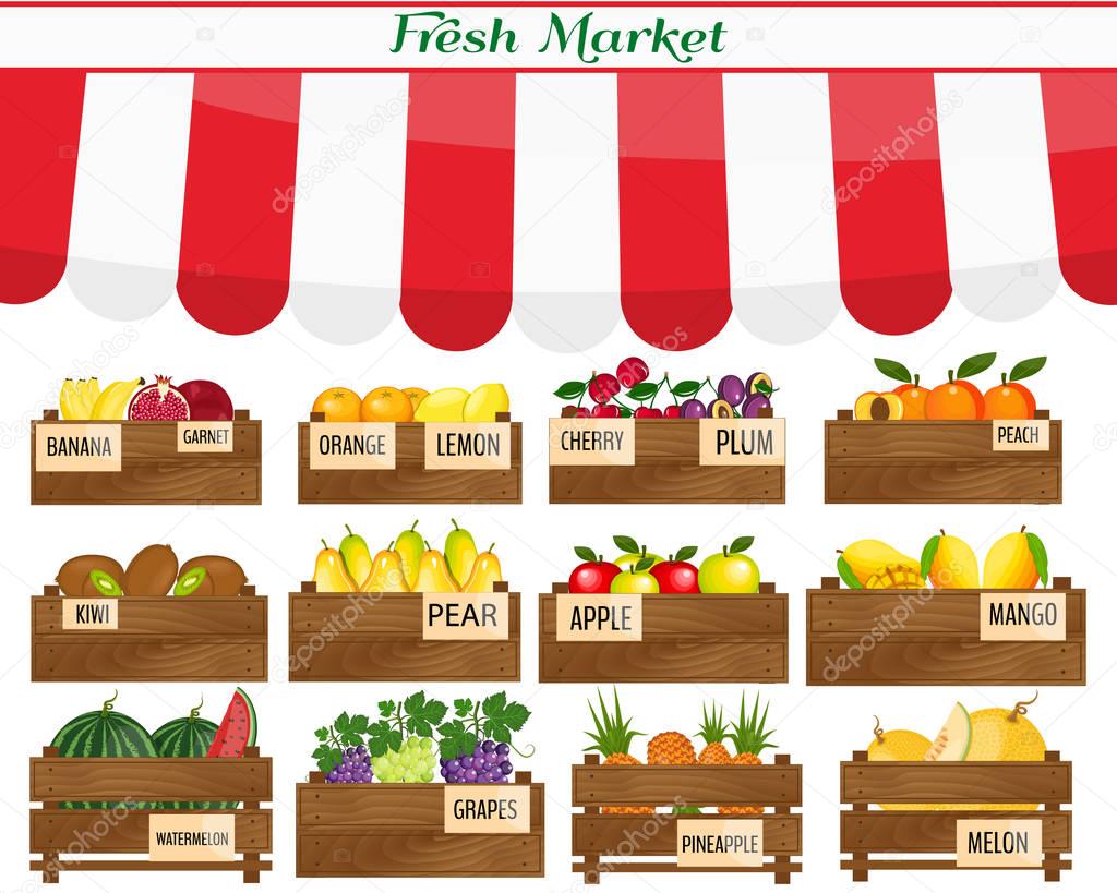 Local vegetable stall. Fresh organic food products shop on shelves. . Agriculture exhibition poster.