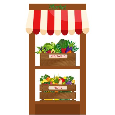 Yerel meyve ve sebze durak. Taze organik gıda ürünleri raflarda Dükkanı. Tarım sergisi afişi.