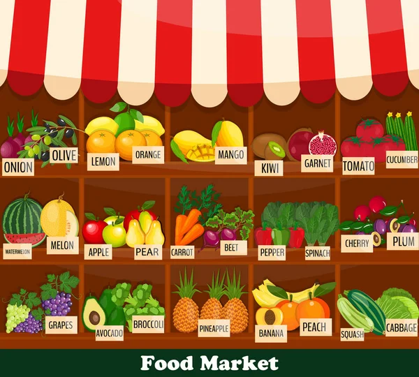 Local fruits and vegetables stall. Fresh organic food products shop on shelves. Agriculture exhibition poster. — Stock Vector