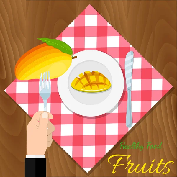 Tallrik med mango, kniv, sked och gaffel ikonen isolerade. Vector vegetarisk ekologisk hälsosam mat rätter. ekologisk naturlig realistiska frukt. — Stock vektor
