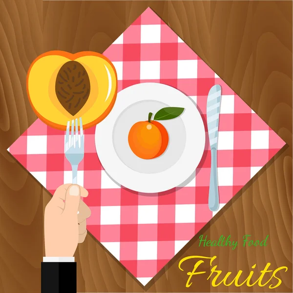 桃、 刀、 汤匙和叉子图标隔离板。矢量的素食有机健康食品烹调。有机天然现实水果. — 图库矢量图片