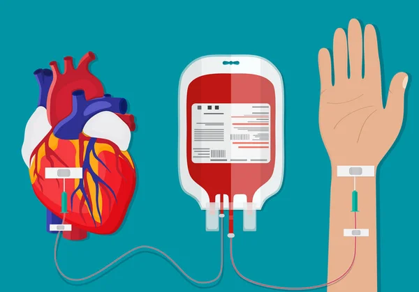 Bolsa de sangre y corazón. Concepto del día de donación de sangre. Humano dona sangre. Ilustración vectorial en estilo plano . — Archivo Imágenes Vectoriales