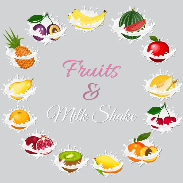 在灰色的背景上中心的水果和牛奶五颜六色题字。在平面设计中的矢量图 — 图库矢量图片
