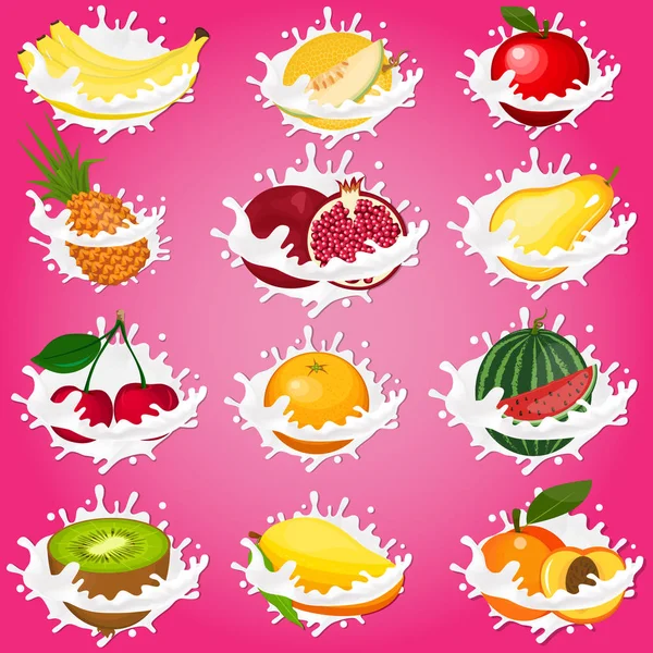 Inscripción colorida de frutas y leche en el centro sobre fondo rosa. Ilustración vectorial en diseño plano — Vector de stock