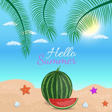 Merhaba yaz word meyve, karpuz ve palmiye ağaçları ile kalın metin ile mavi arka plan ve deniz yıldızı