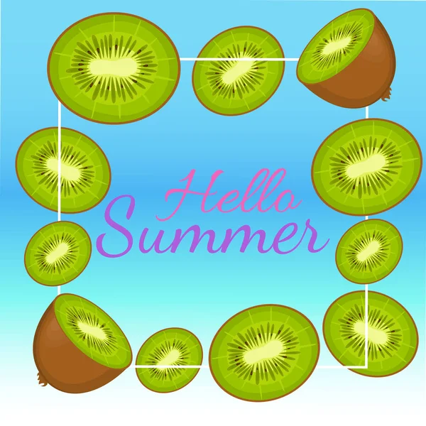 Willkommene Sommer-Inschrift auf dem Hintergrund der Kiwi. grüne Mode. Vektor-Illustration auf weißem Hintergrund. — Stockvektor