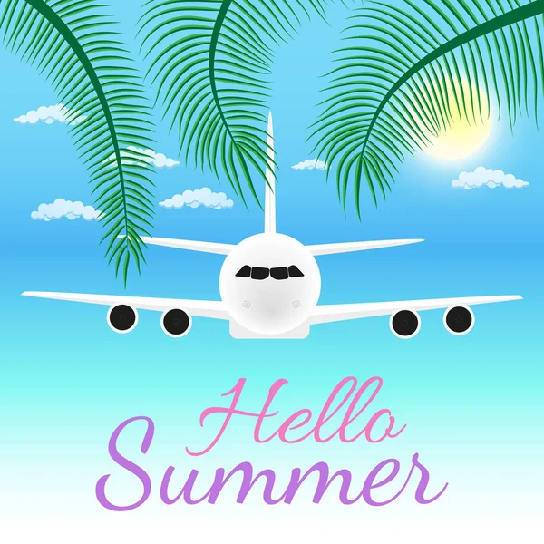 Hallo zomer Vector Illustratie - vette tekst met palmbomen op blauwe achtergrond met vliegtuig — Stockvector
