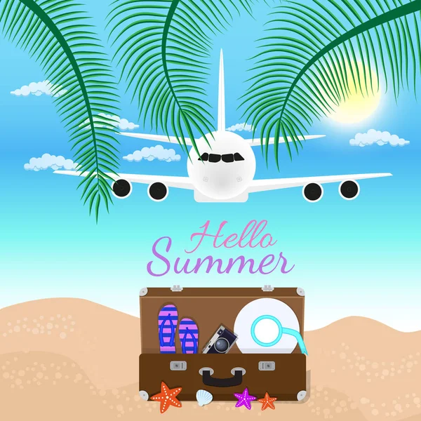 Olá Summer Vector Ilustração - Texto em negrito com palmeiras em fundo azul e avião e bagagem —  Vetores de Stock