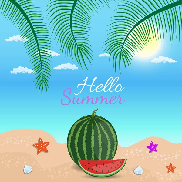 Hola palabra de verano con fruta, sandía y texto en negrita con palmeras sobre fondo azul y estrellas de mar — Vector de stock