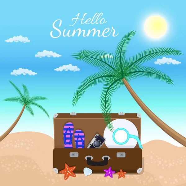 Hello Summer Vector Illustration - Text îndrăzneț cu palmieri pe fundal albastru și bagaje — Vector de stoc