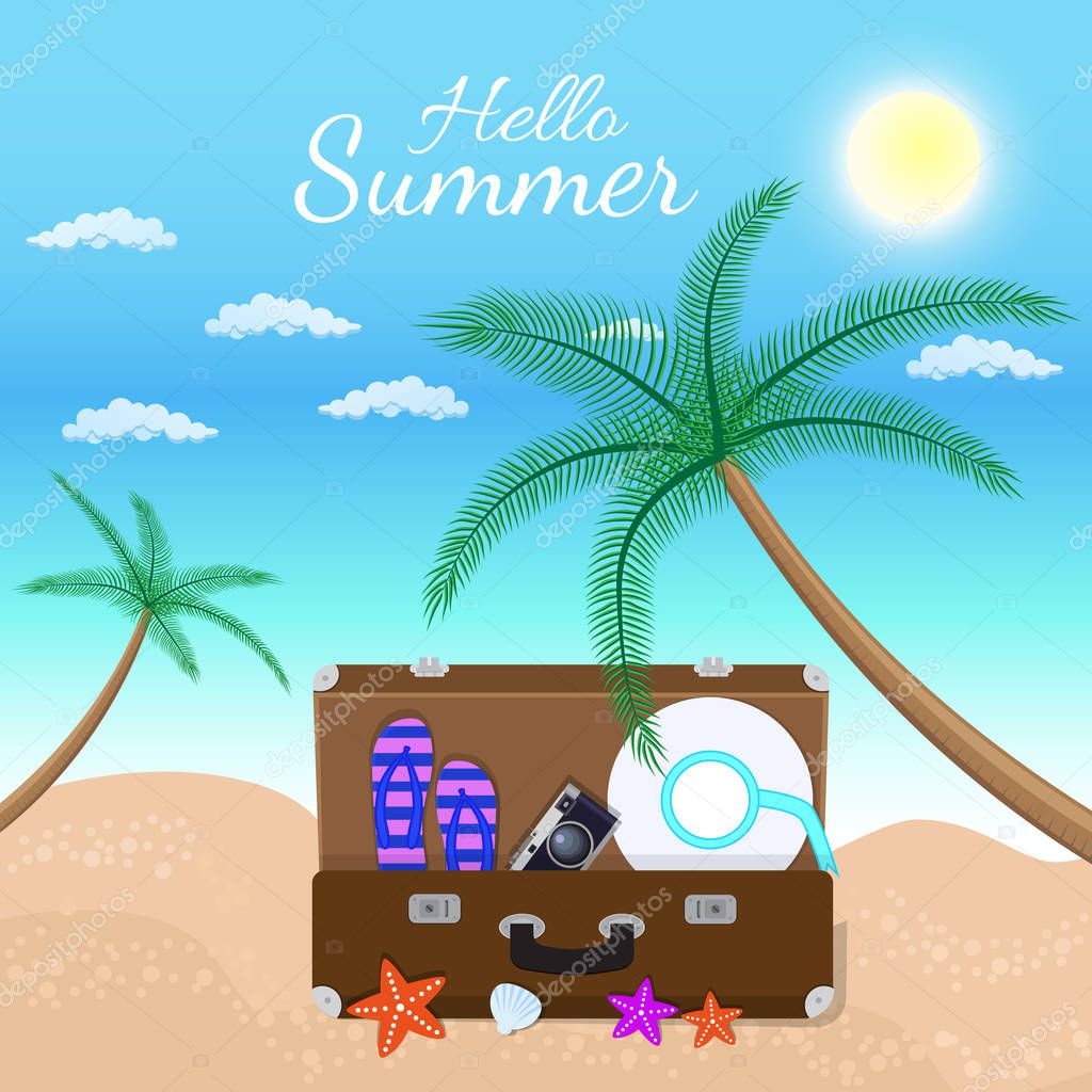 Vacation travelling composition with the open bag. Touristic sighns concept. Take vacation concept with logo. Hello summer holidays