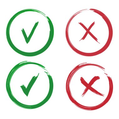 Kene ve haç işaretleri. Onay işareti Tamam yeşil ve kırmızı beyaz arka plan üzerinde izole simgeler, X.
