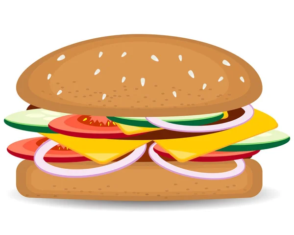 Vektorový realistický hamburger Classic Burger Americký cheeseburger se salátem Tomato Cibule Sýr Hovězí a omáčka Close up izolované na bílém pozadí. Fast Food — Stockový vektor
