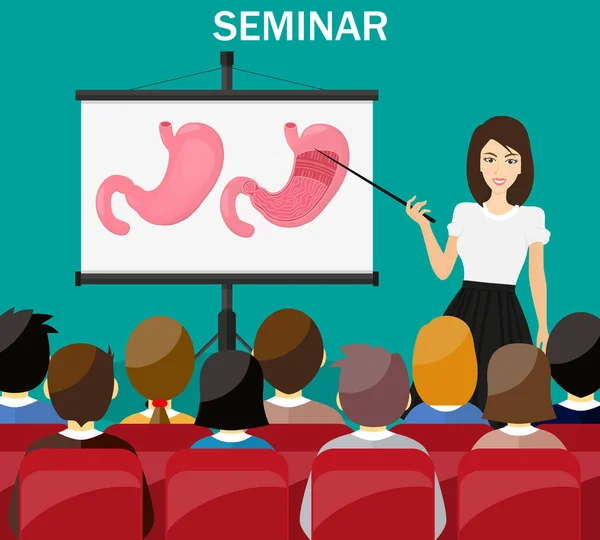Femme d'affaires faisant une présentation expliquant les graphiques sur un tableau blanc. Icône d'estomac. Organes internes humains . — Image vectorielle