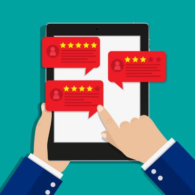 Kabarcık konuşmalar tablet vektör çizim, düz stil üzerinde değerlendirme inceleme