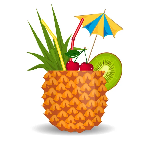 Cóctel de piña vectorial decorado con cereza al maraschino, rodaja de kiwi, fondo del cartel de la fiesta de verano vectorial en estilo plano — Vector de stock