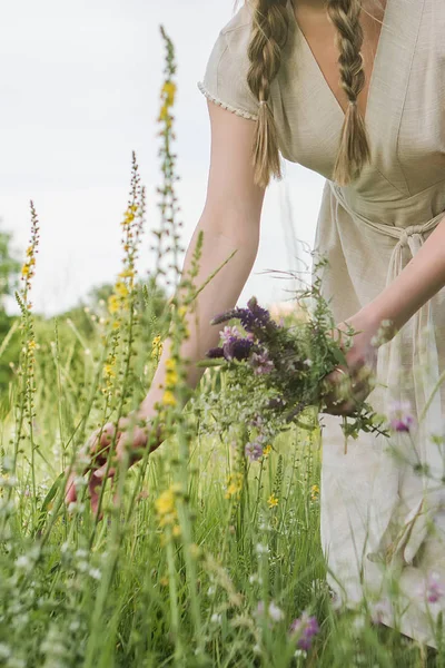 Menina Com Tranças Vestido Linho Bege Escolhe Flores Campo — Fotografia de Stock