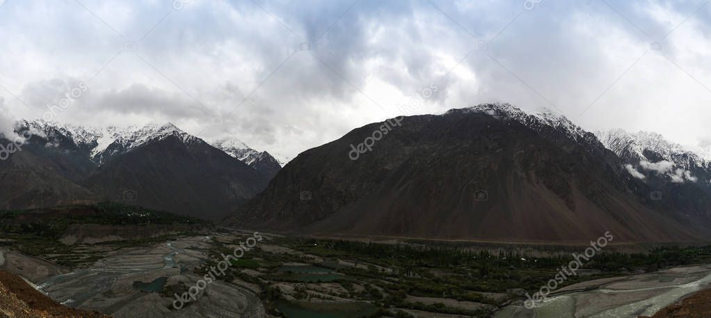 Panorama of Yarkhum river and valley near Shandur pass, Pakistan