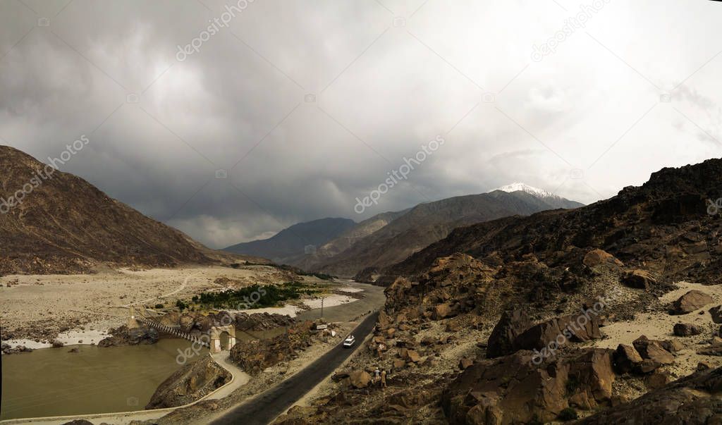 Panorama of Indus river and valley, Karakoram, Pakistan