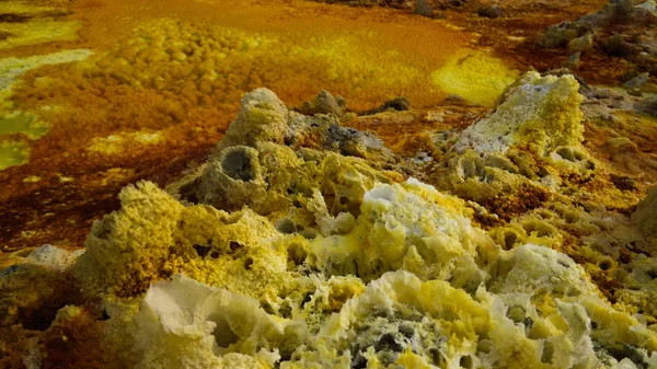 Salzstruktur aus nächster Nähe im Dallol-Vulkankrater in der Danakil-Senke, in der Ferne, Äthiopien — Stockfoto