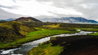 Huseyjarkvisl kaynak Nehri Vadisi günbatımı, İzlanda, Panoraması