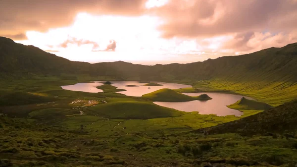 Landscape sunset view to Caldeirao crater, Corvo island, Azores, Portugal — Stock Photo, Image