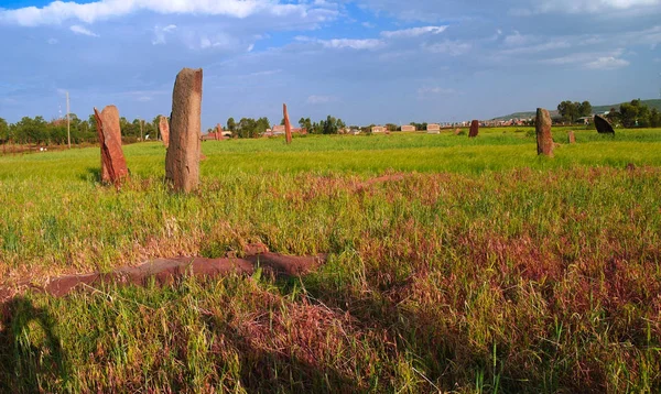 Antiguo campo de Megalith stela en Axum en Tigray, Etiopía —  Fotos de Stock