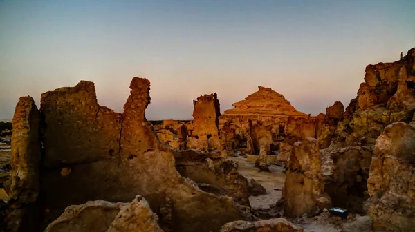 Eski şehir Shali ve dağ sunrise, Mısır Siwa oasis Dakrour Panoraması — Stok fotoğraf