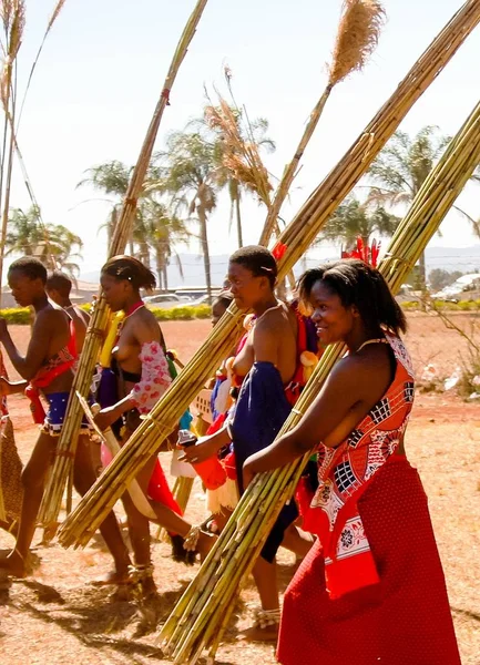 Ženy v tradičních kostýmech pochodující v Umhlanga aka Reed Dance 01-09-2013 Lobamba, Svazijsko — Stock fotografie