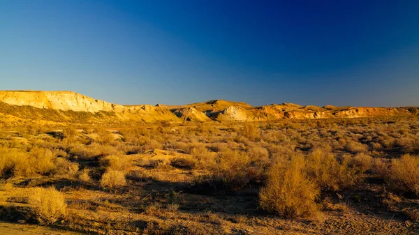 Yayla Ustyurt Panorama görünümüne gündoğumu, Karakalpakstan, Özbekistan, Aktumsuk cape yakınında Aral Gölü kenarından