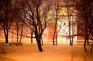Burcu ve duvar Donskoy Manastırı, Moskova, Rusya Federasyonu için gece kış görüntüleyin