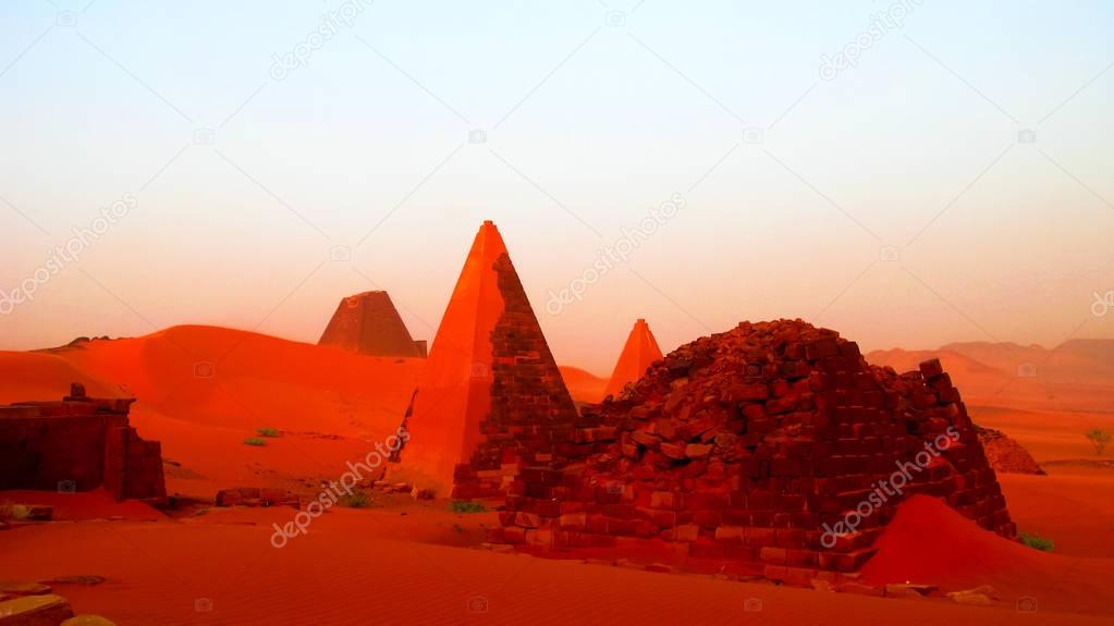 sunset Landscape of Meroe pyramids in the desert, Sudan,