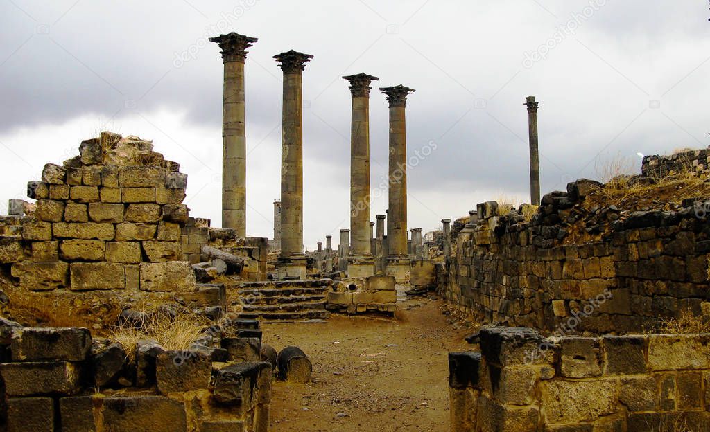 Panorama of ruined old city of Bosra in Syria