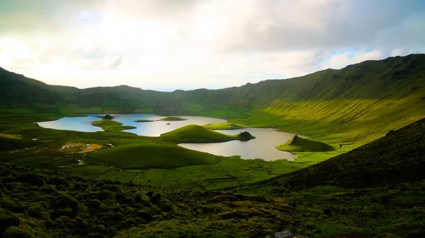 Landscape sunset view to Caldeirao crater, Corvo island, Azores, Portugal — Stock Photo, Image