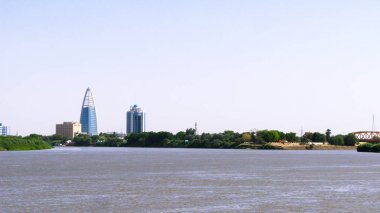 Khartoum, Omdurman ve mavi ve beyaz Niles Sudan'daki izdiham havadan panoramik görünümü