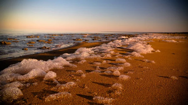 Morze piany na plaży Morza Aralskiego, w pobliżu cape Aktumsuk o zachodzie słońca, Karakalpakstan, Uzbekistan — Zdjęcie stockowe