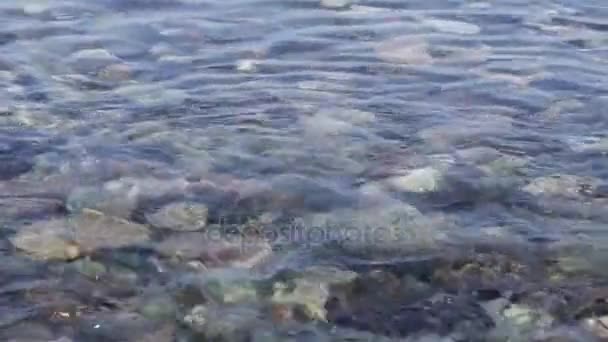 Salpicaduras de agua de mar transparentes sobre la playa de guijarros — Vídeos de Stock