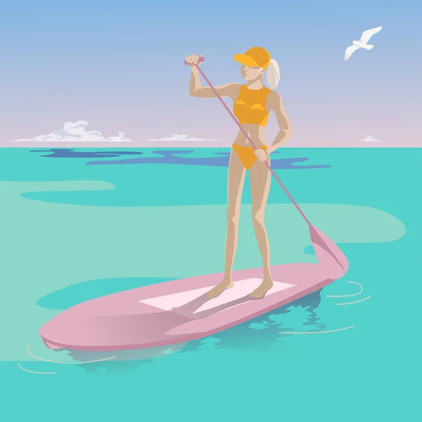 Young slender girl on a paddle with an oar on a background of bl — Stock Vector