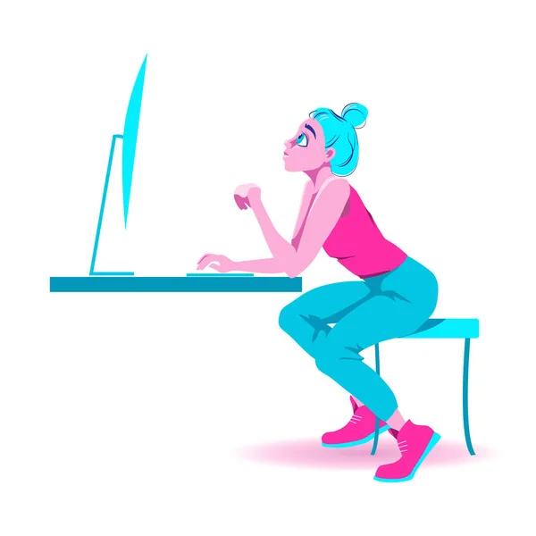 Menina sentada em um computador. Trabalho online, treinamento, shoppin — Vetor de Stock