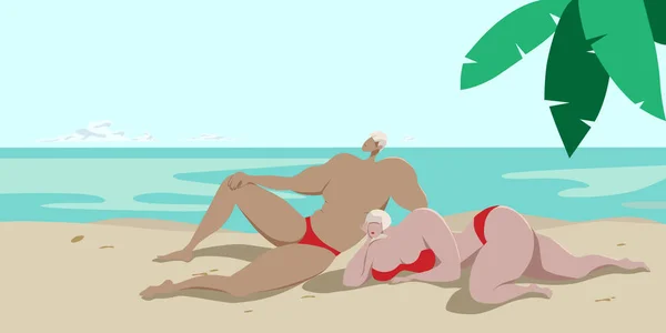 Ένα νεαρό ζευγάρι κάνει ηλιοθεραπεία στην άμμο στην ακτή ενός τροπικού — Διανυσματικό Αρχείο