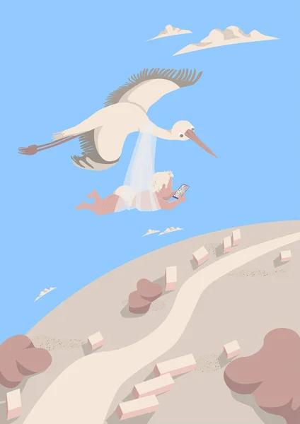 鹤带着一个婴儿在智能手机中看着航海家的路径 鸟儿在云中高高地飞翔 明信片概念明信片 恭喜你 卡通人物插图矢量 — 图库矢量图片