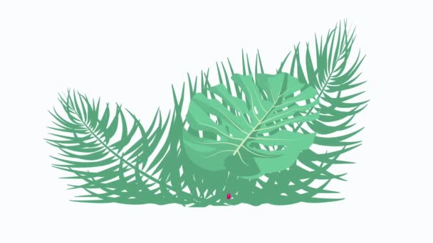 旅行中にコロナウイルスから保護するためのフェイスマスク 熱帯の葉の背景に白い背景に隔離された旅行アイテムのセット 休暇中の安全コンセプト — ストック動画