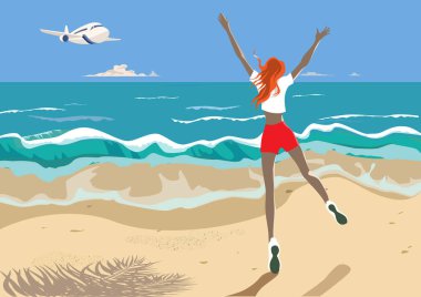 Uçağı karşılamak için sevinçten zıplayan bir kız. Tropik manzara, sevimli karakter, neşeli duygular. Deniz kıyısı, palmiye ağacının gölgesi, denizde dalgalar, mavi gökyüzünde bulutlar. Vektör illüstrasyonu