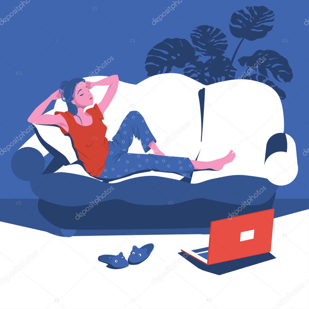 Girl is bored at home lying on the couch with a laptop. Classes remotely during quarantine. Character Vector Illustration